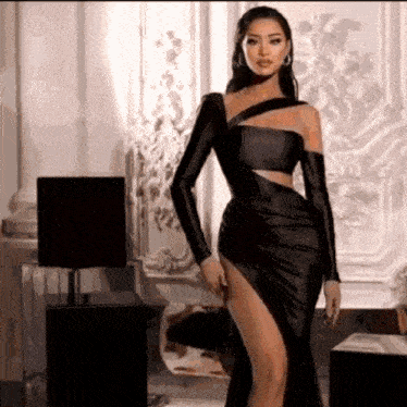 a woman is wearing a black dress with a high slit and gloves .