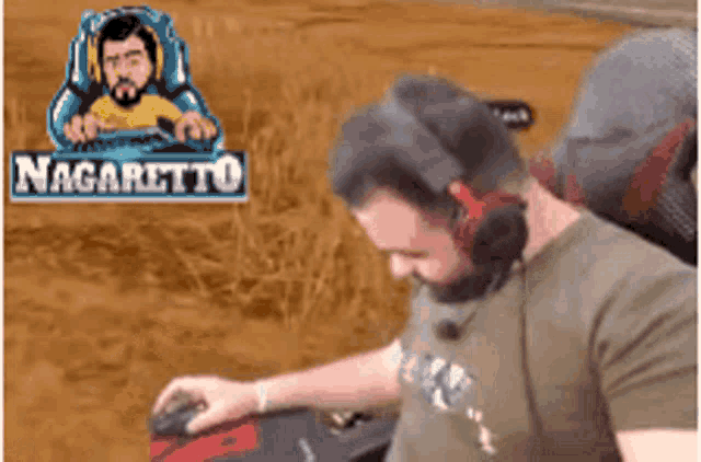 a man wearing headphones is playing a video game with a logo for nagaretto in the background