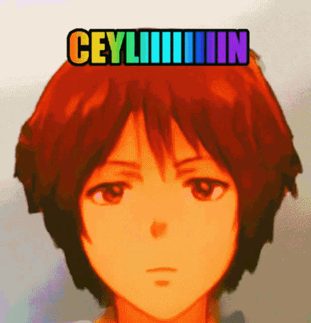 a close up of a person 's face with a rainbow colored ceyliiiiin sign above it