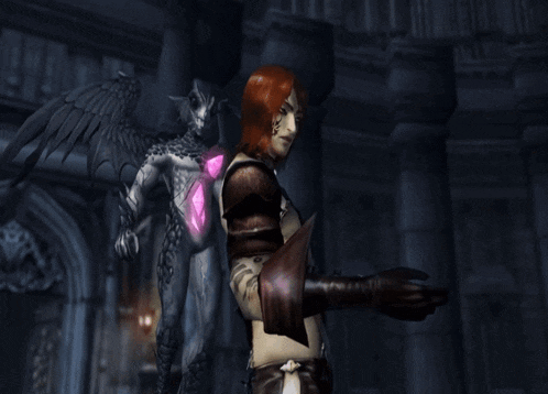 a woman with red hair stands in front of a demon with wings