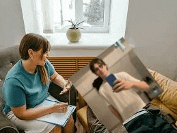 a woman is sitting on a couch talking to a man who is laying on the floor .