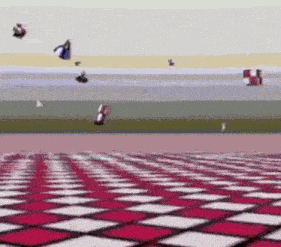 a bunch of objects are falling on a checkered surface .