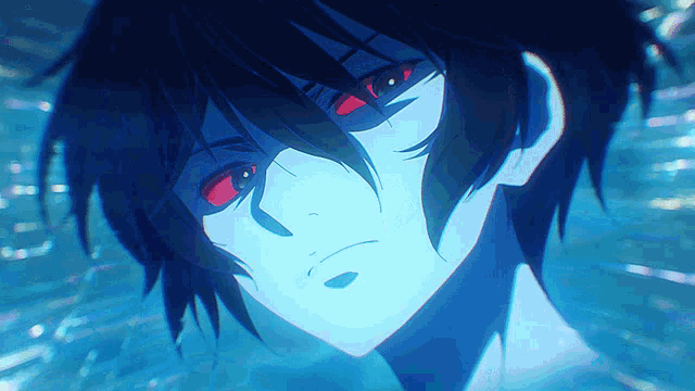 a close up of a person with red eyes and blue hair