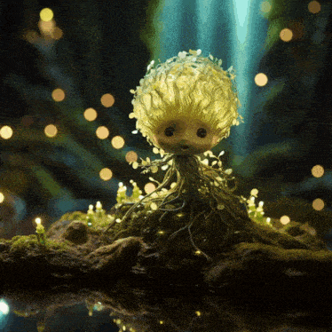 a doll with a glowing plant in its hair