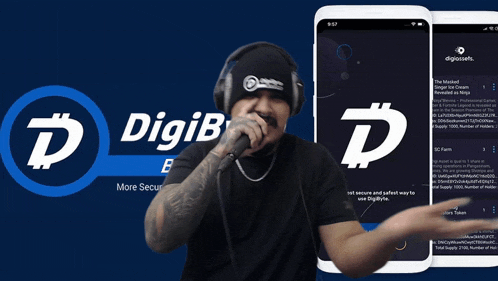 a man wearing headphones and a digibyte hat