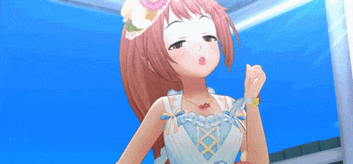 a cartoon girl wearing a white dress and a flowered hat
