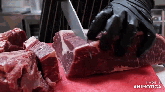 a person is cutting a piece of meat on a cutting board that says made in animatica on the bottom