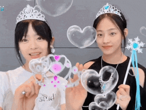 two girls wearing tiaras and holding heart shaped soap bubbles with the number 15 behind them