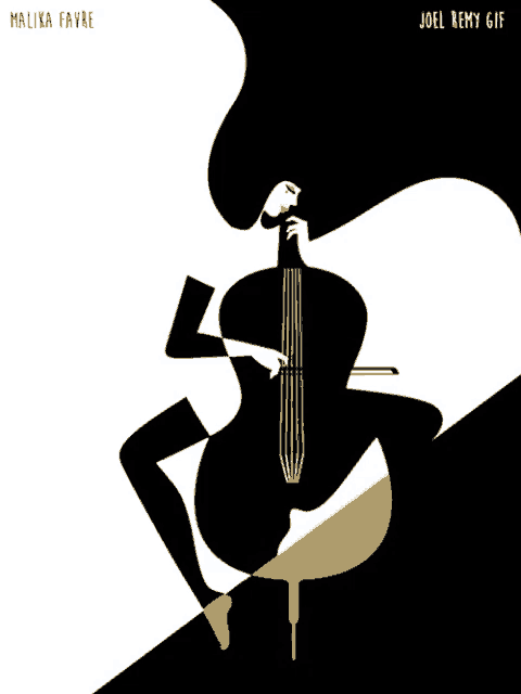a drawing of a woman playing a cello with the name malika favre on the bottom