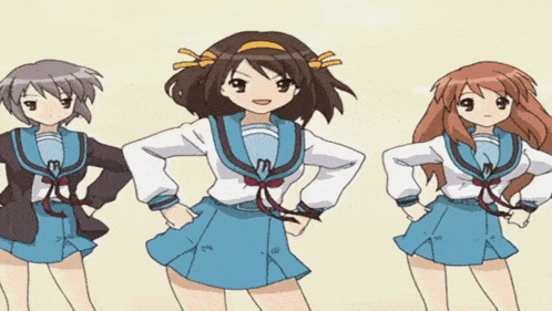 three anime girls are standing next to each other with their arms on their hips