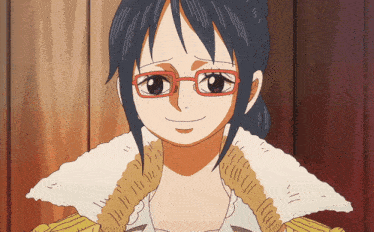 a girl wearing glasses and a fur collar smiles for the camera