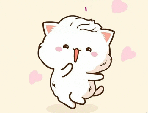 a cartoon drawing of a white cat with pink hearts surrounding it .