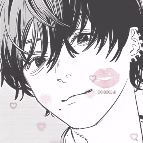 a black and white drawing of a girl with a pink kiss on her cheek