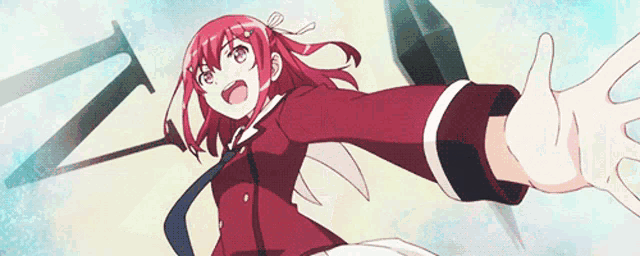 a girl with red hair and a red jacket is flying through the air