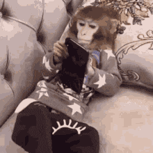a monkey is sitting on a couch playing with a tablet .