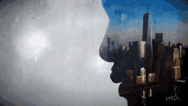 a double exposure of a person 's face and a city skyline with the name mela on the bottom right