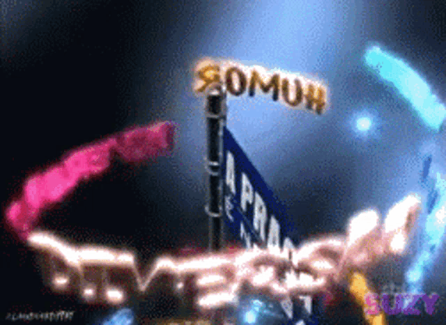 a sign that says somuh is surrounded by colorful lights