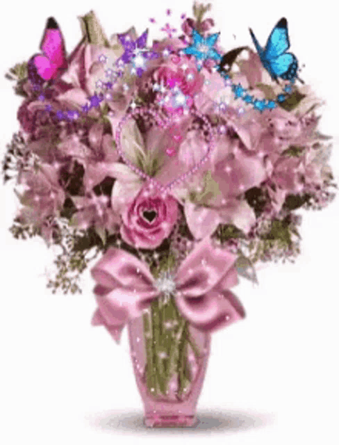 a bouquet of pink flowers in a pink vase with butterflies flying around it