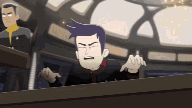 a cartoon man with purple hair is sitting at a desk