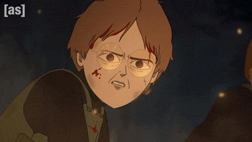 a cartoon of a boy with blood on his face and the words [ as ] below it