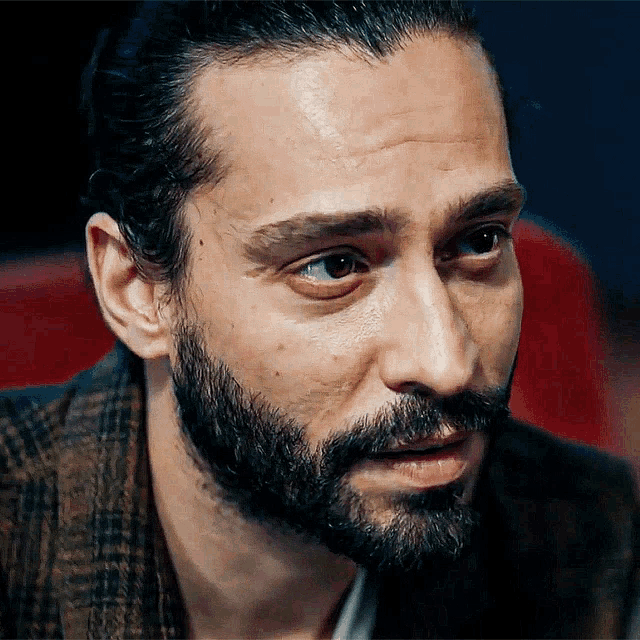 a close up of a man 's face with a beard and a plaid shirt