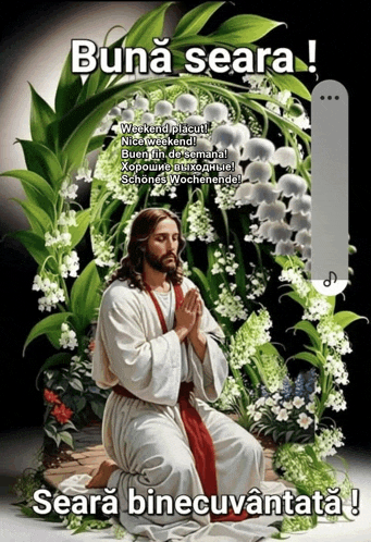a painting of jesus is surrounded by lily of the valley flowers and says buna seara