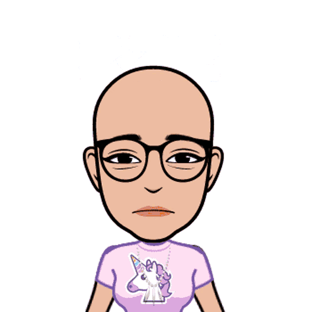 a bald man with glasses and a unicorn shirt says zzz on his head