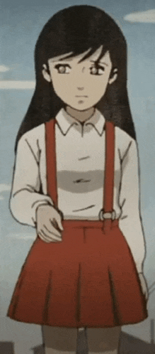 a young girl in a red skirt and suspenders is standing in front of a blue sky .