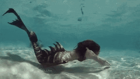 a mermaid is swimming in the ocean with a fish in the background .