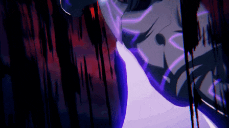 a close up of a person 's face in a dark room with a purple light coming out of it .