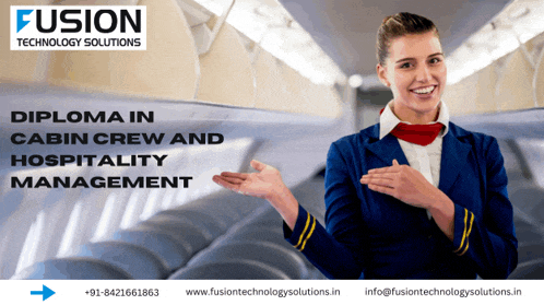 an ad for fusion technology solutions shows a smiling air hostess