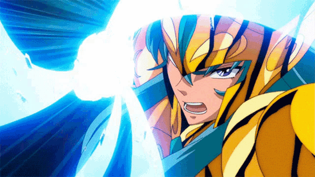 a cartoon character in a yellow and blue armor is holding a sword in his hand .