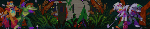 a group of cartoon characters standing next to each other in front of a house .