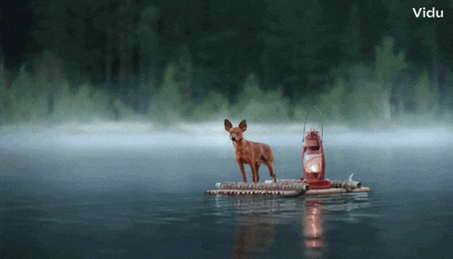 a dog is standing on a raft in the water with a lantern next to it and the words " vidu " on the bottom