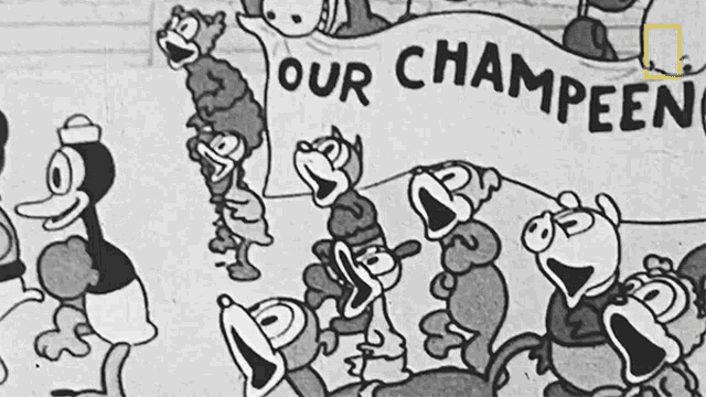 a black and white cartoon with a banner that says " our champeen "
