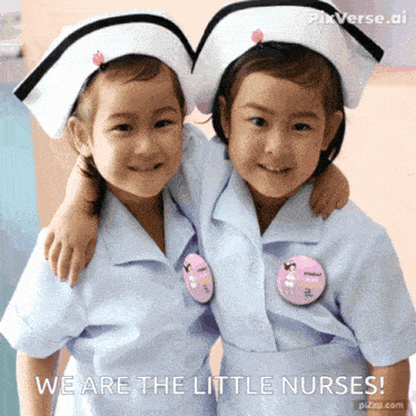 two little girls dressed as nurses are posing for a picture and the caption says we are the little nurses