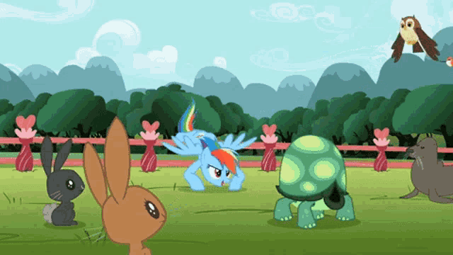 a cartoon drawing of a rainbow dash and a turtle