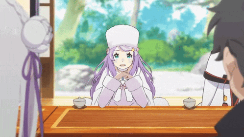 a girl with purple hair is sitting at a table in front of a window