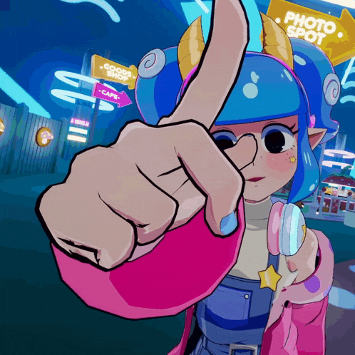 a cartoon character is giving a thumbs up in front of a sign that says photo spot