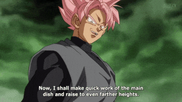 a cartoon character with pink hair says " now i shall make quick work of the main dish and raise to even farther heights