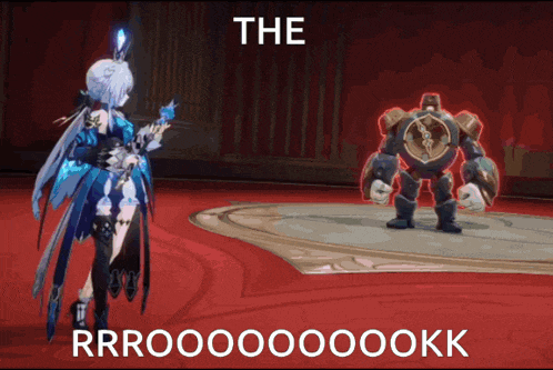 a video game character is standing in front of a robot that says " the rrroooookkk "