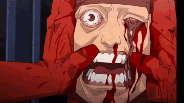 a cartoon character with blood coming out of his eyes and mouth