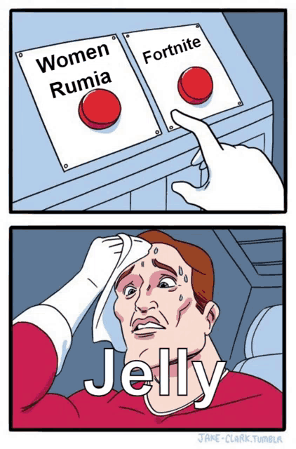 a cartoon of a man pressing a button that says women rumia and fortnite