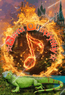 a lizard is surrounded by flames and the words arena olympiyska are visible
