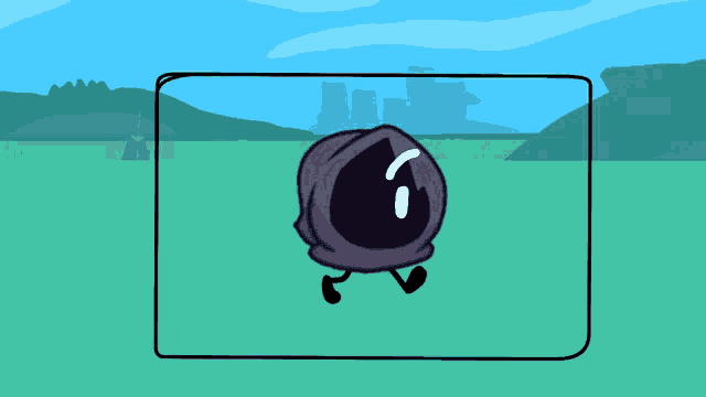 a cartoon drawing of a purple object with a white eye