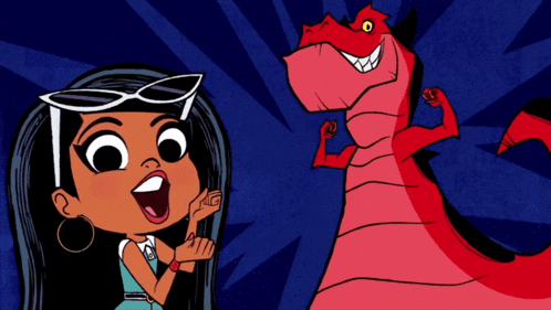 a cartoon of a girl and a red dinosaur
