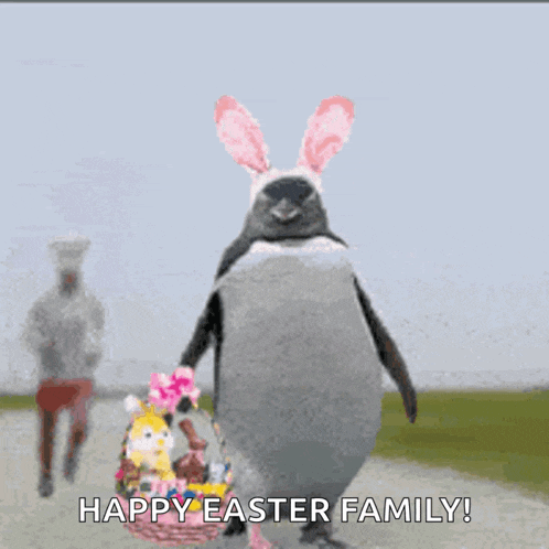 a penguin with bunny ears is carrying an easter basket