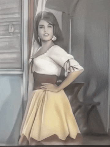 a woman in a white top and a yellow skirt stands in front of a window