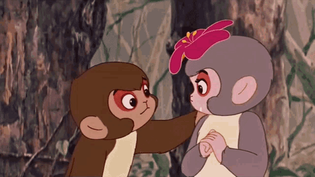 two cartoon monkeys looking at each other with one wearing a pink flower on her head