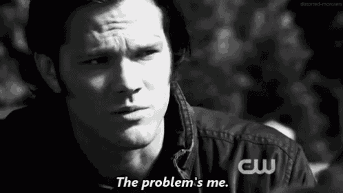 a black and white photo of a man with the words the problem 's me